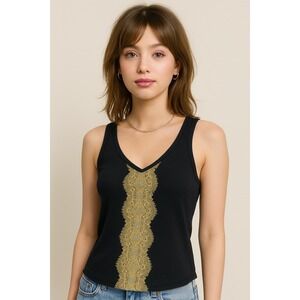 Express Women's Y2K Black Ribbed Embellished Beaded Sequin Gold Trim Tank Large